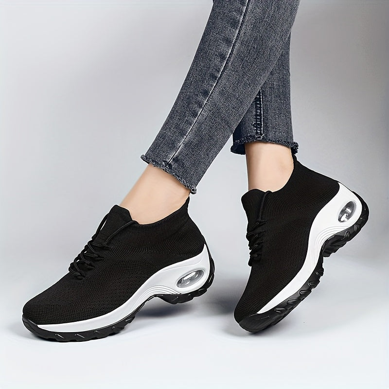 Women'S Breathable Mesh Casual Sneakers - Comfortable, Lightweight Running Walking Shoes with Air Cushion, Shock-Resistant Sole, Lace-Up Design in Black and White