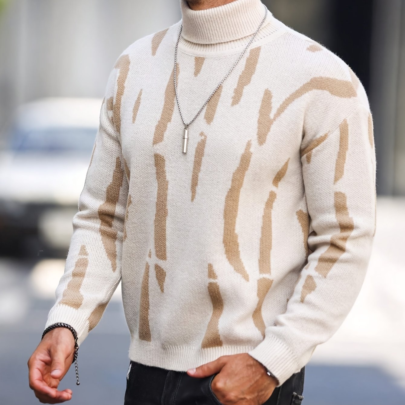 Men's Zebra Print High Neck Novelty Sweater Autumn Winter Casual Knit Pullover
