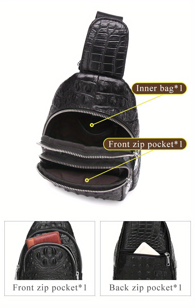 SCHLATUM Genuine Leather Crocodile Pattern Sling Bag - Black, Large-Capacity Multifunctional Crossbody Backpack for Travel, Sports Camping, Stylish Zipper Closure Design