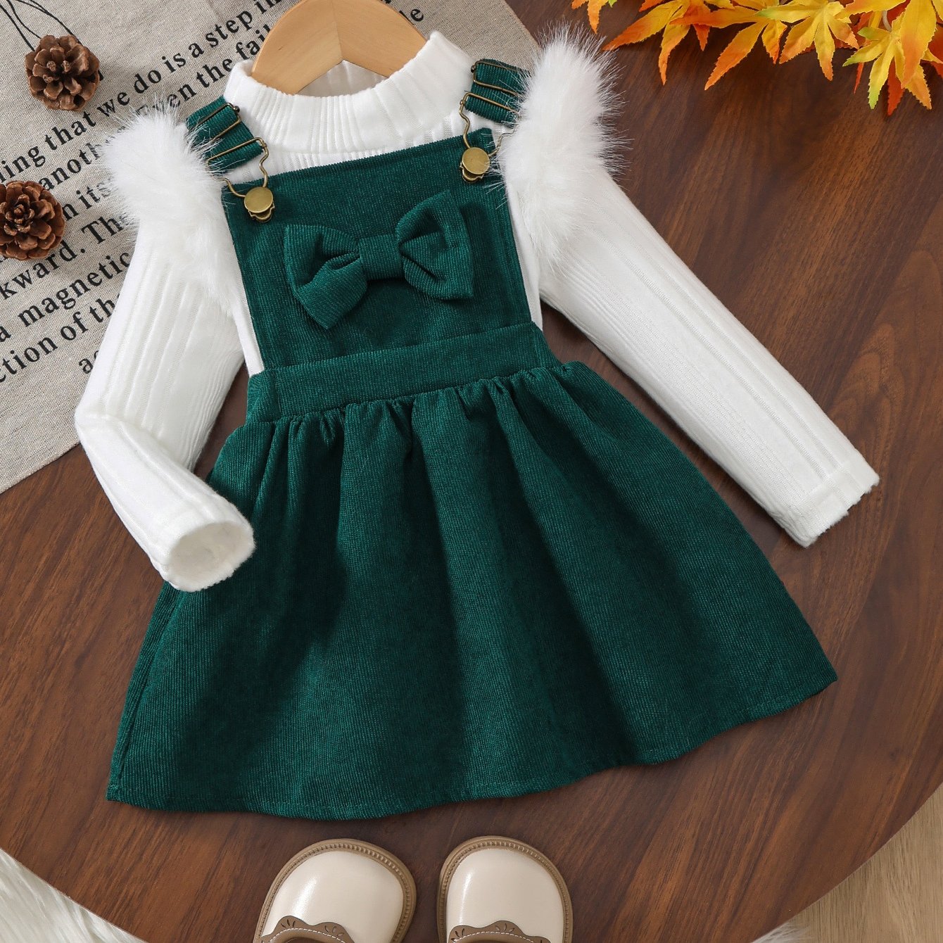 2pcs Baby Winter Outfit Set: Cozy Fluffy Sleeve Smock Dress & A-Line Bow with Collar & Fringe Trim - Soft Warm Clothes for Photoshoots, Christmas (Hand Washable), Perfect for Outdoor