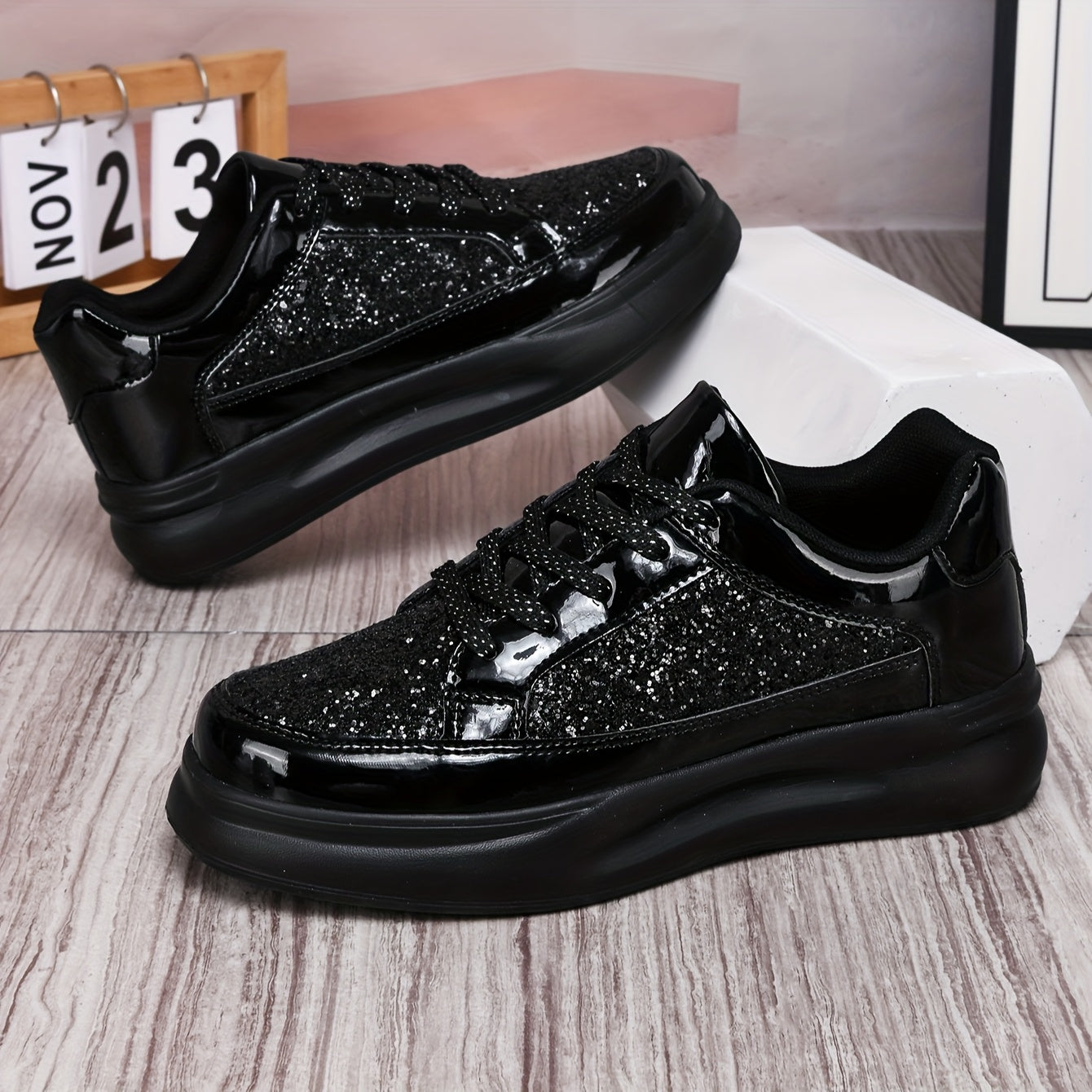 Men's Low-Top Casual Sneakers - Black Sparkling Embellishments, Breathable PU Upper EVA Cushioned Sole, Lace-Up Comfortable Walking Shoes for Men Women, Comfortable Footwear Sleek Shoe Design Flexible Footwear
