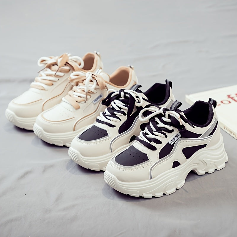Women's Trendy Chunky Sneakers - Breathable Lace-Up Dad Shoes with Thick PVC Sole, White Beige Two-Tone Design, Versatile Low-Top Style for Casual Attire