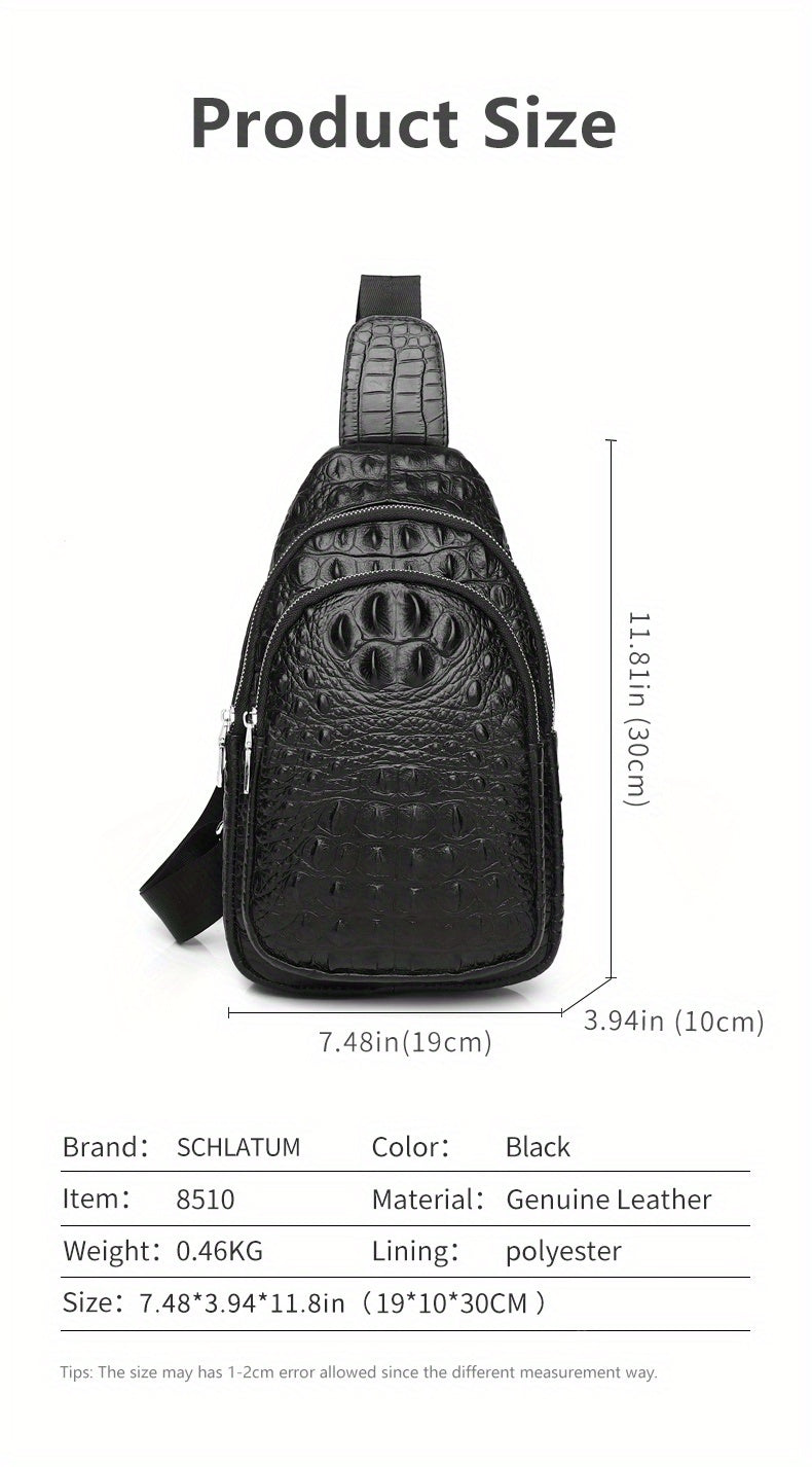 SCHLATUM Genuine Leather Crocodile Pattern Sling Bag - Black, Large-Capacity Multifunctional Crossbody Backpack for Travel, Sports Camping, Stylish Zipper Closure Design