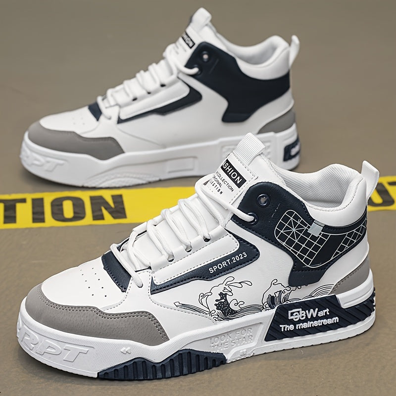 Men's High-Top Skate Sneakers - Comfortable, Non-Slip Casual Shoes for Outdoor Walking Jogging, Stylish Striped/Solid Design, Lace-Up, All Seasons