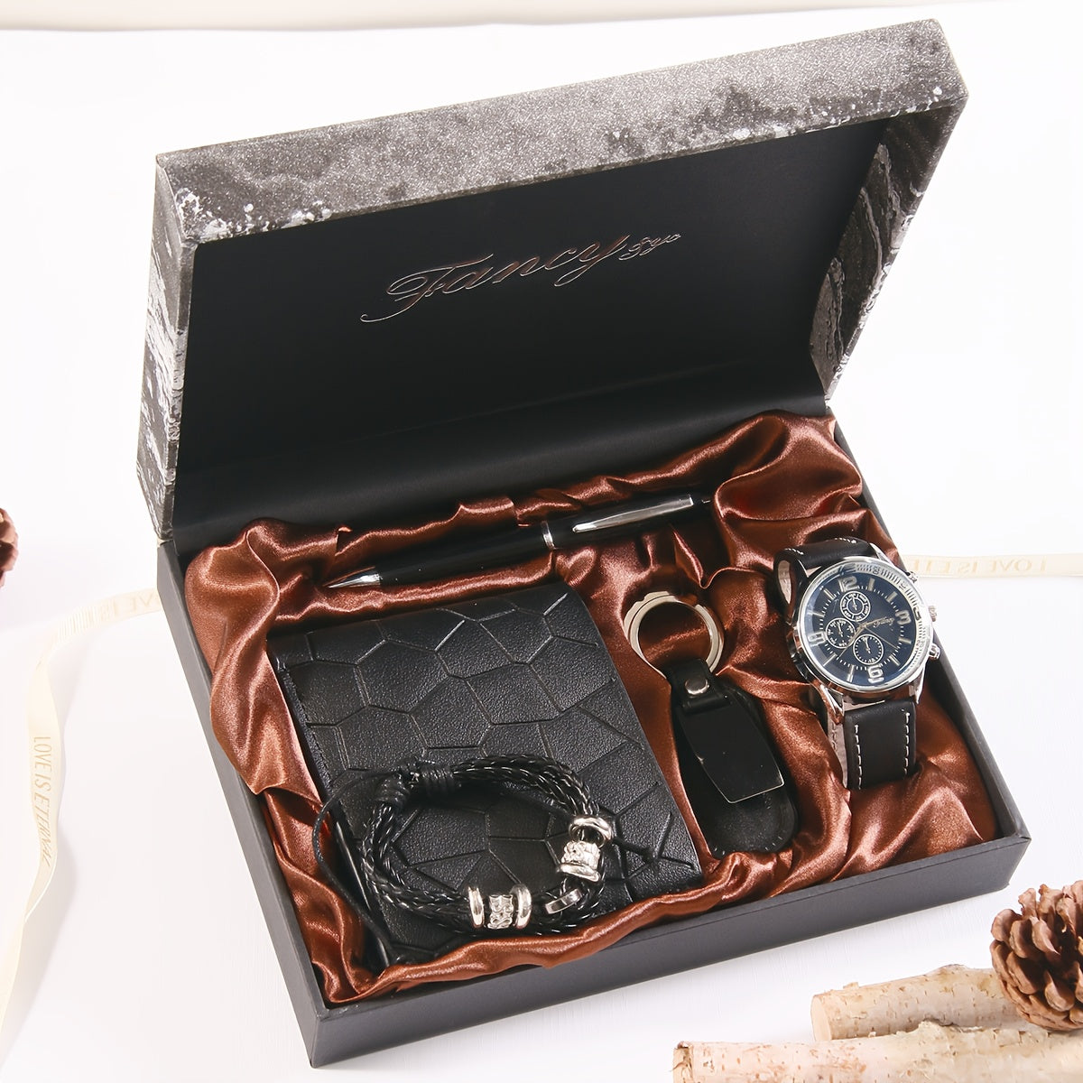 Christmas Gift Box Set of Six, Wallet + Watch + Bracelet + Keychain + Pen + Wooden Gift Box
