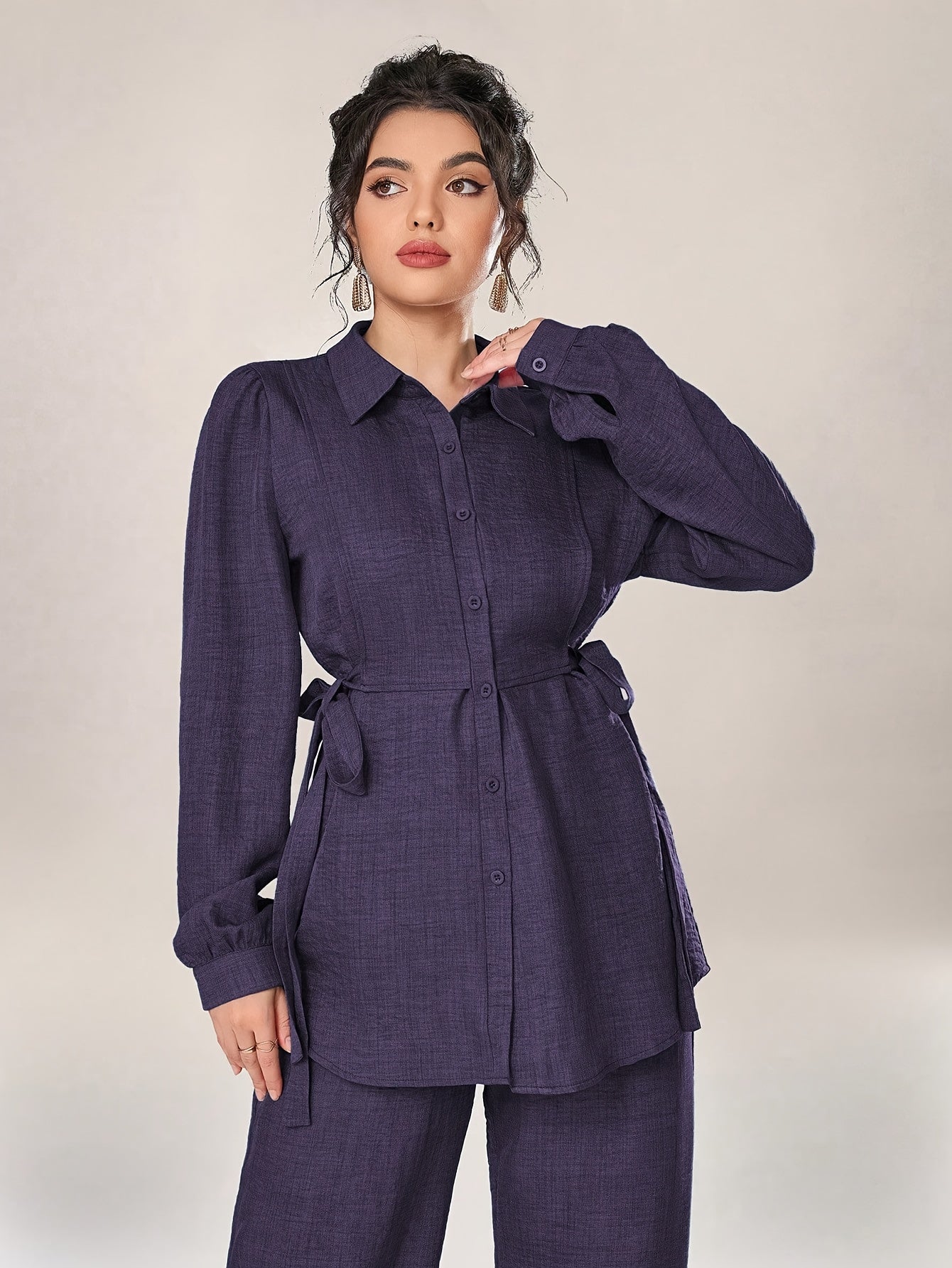 Stylish and Elegant Casual Two-Piece Women's Outfit with Side Tie Single-Breasted Shirt and Wide-Leg Pants for Office Wear