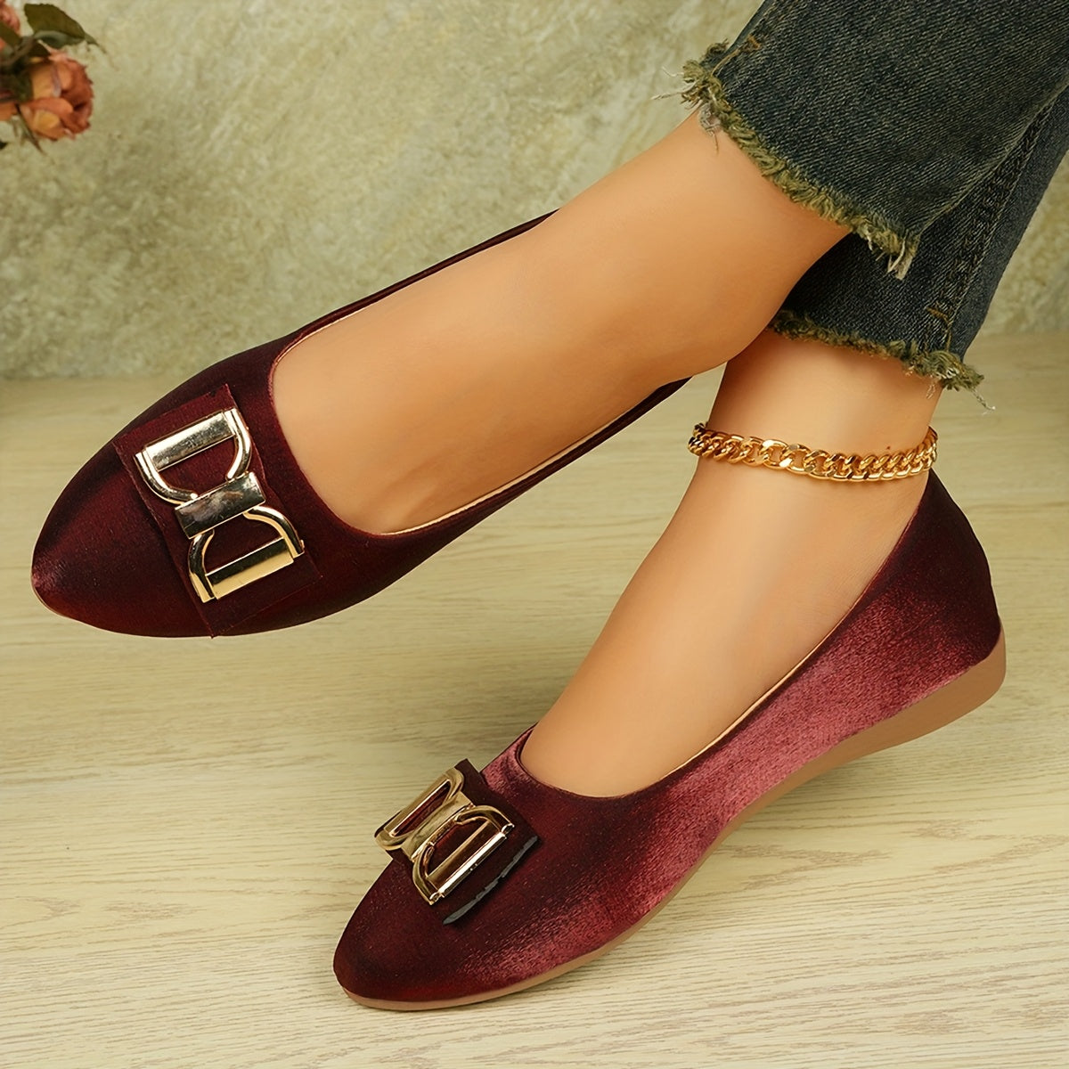 Women's Elegant Red Slip-On Flats with Golden Double Buckle Design - Comfortable Faux Cover Shoes for All Seasons, Pointed Toe Rubber Sole, Perfect for Casual or Dressy Occasions, Dressy Flats Buckle Embellished Shoes Lux