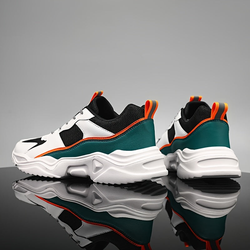 Men'S Athletic Sneakers, Thick Sole Lace-Up Dad Shoes, Multicolor Block Splicing Style Casual Footwear, Suitable for Outdoor Activities
