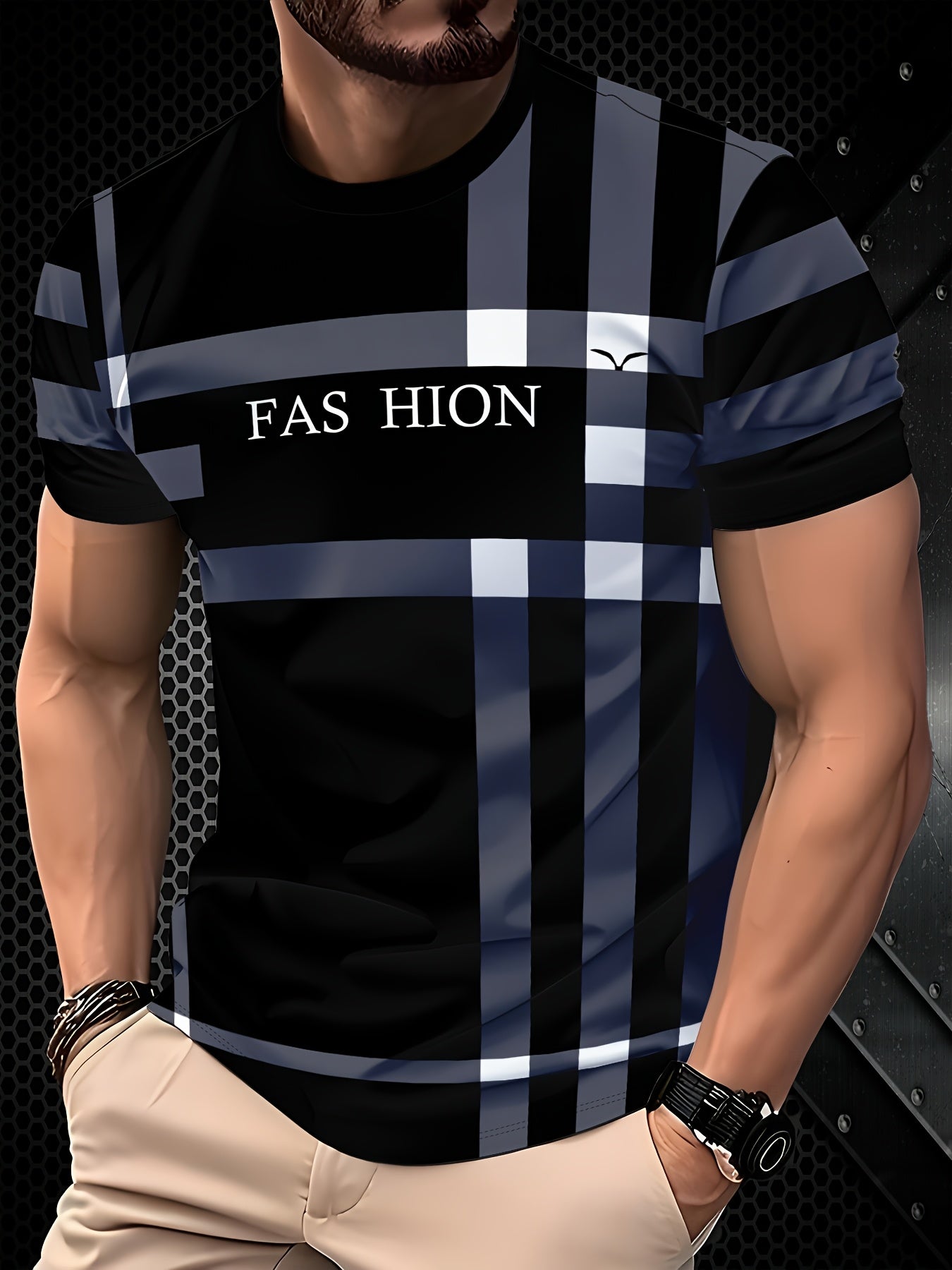 Men'S Casual "FAS HION" Graphic T-Shirt - Black Blue Plaid, Short Sleeve, Round Neck, All-Season Comfort Fit, Casual Attire Plaid Pattern Top Comfortable Fit Shirt