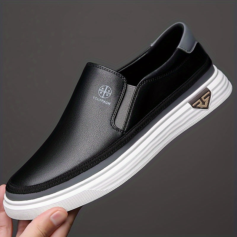 Men's Stylish Slip-On Loafers - Soft Upper, Non-Slip Rubber Sole, White with Brown & Golden Accents, Comfortable for Everyday Casual Wear, Vacation Shoes | Decorative Stitching | Synthetic Shoes, Dressy Shoes