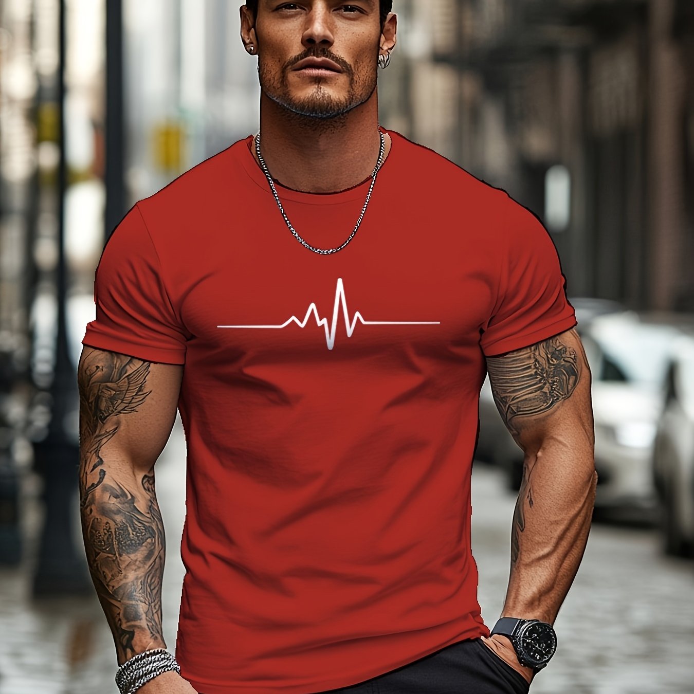 Men'S Brown T-Shirt with ECG Heartbeat Graphic - Casual Streetwear, Short Sleeve, Round Neck, Stretch Fabric, All-Season Comfort, Casual Streetwear Tee Round Neck Tshirt Comfortable Fit