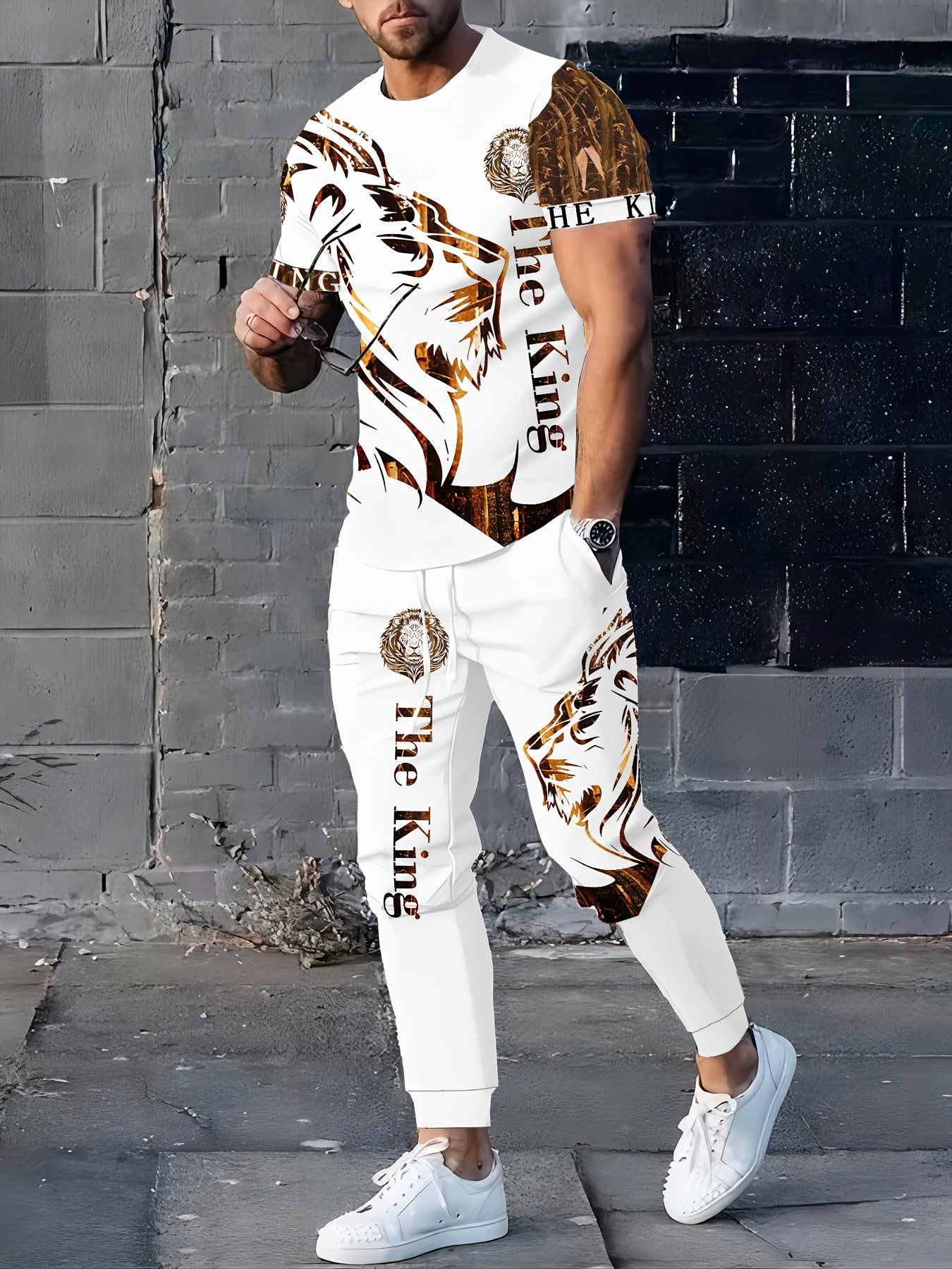 Stylish Lion 3D Print Short Sleeve Crew Neck Men'S Street Casual Suit, Casual Choice, Breathable Outdoor Leisure T-Shirt and Five-Pocket Pants Set Summer 3D Print Adult Suit