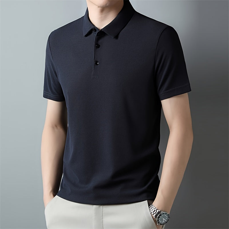 Men's Solid Short Sleeve And Lapel Collar Henley Shirt, Casual And Comfy Sports Tops For Summer Golf Wear And Outdoors Activities