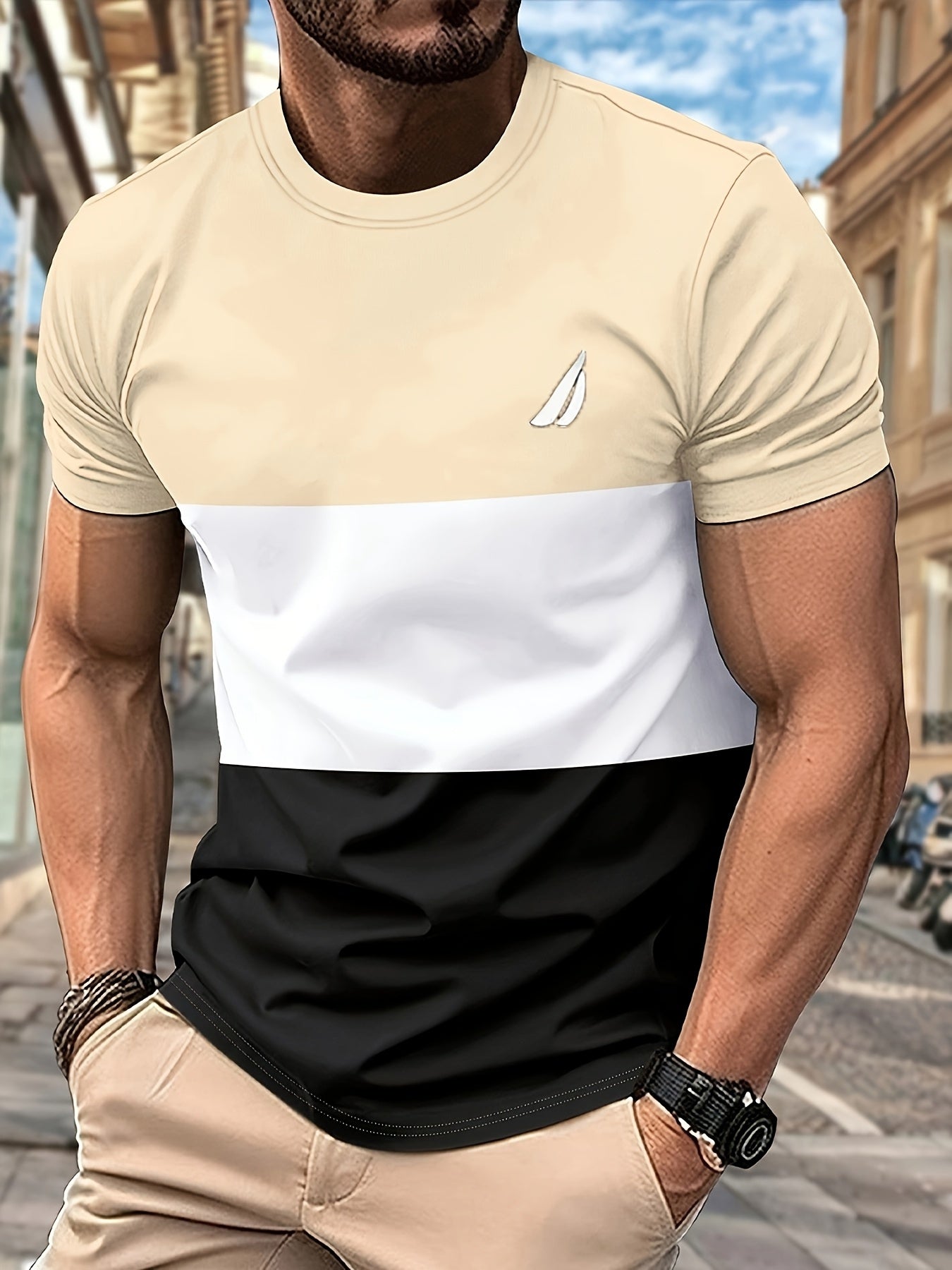Men's Round Neck T-Shirt, Three-Color Patchwork Top with Asymmetric Double Stripes, Trendy Comfortable Breathable High-Quality Factory-Made Casual Fit