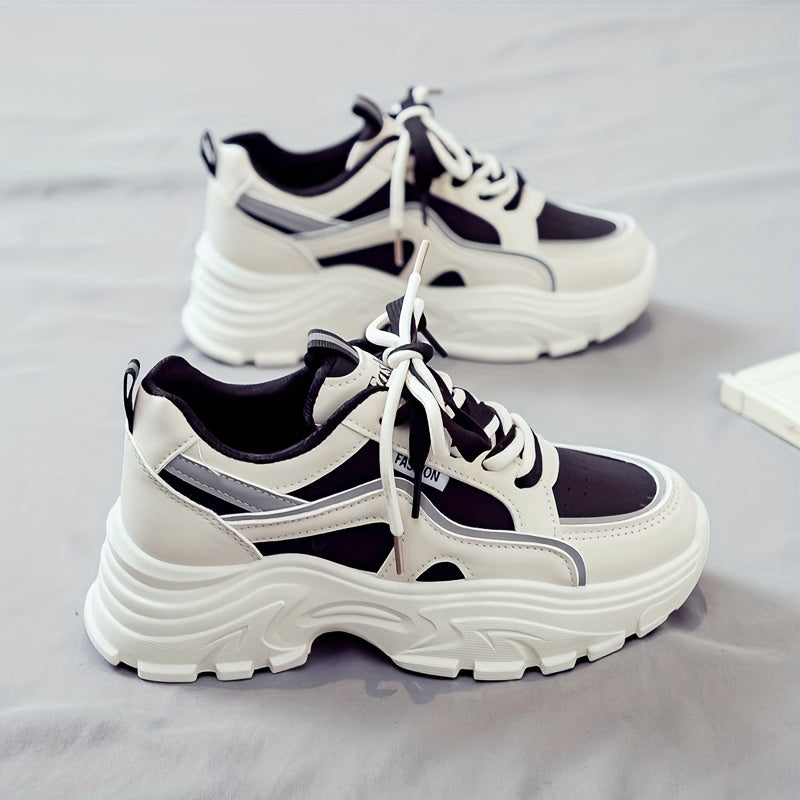 Women's Trendy Chunky Sneakers - Breathable Lace-Up Dad Shoes with Thick PVC Sole, White Beige Two-Tone Design, Versatile Low-Top Style for Casual Attire