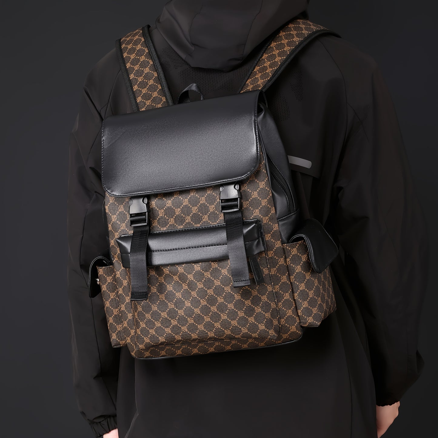 Men'S Stylish Black Brown Gingham Print Backpack - Versatile Commuter Bag with Multiple Pockets, Adjustable Straps, and Golden-Tone Hardware for Work, Travel, and Study, Travel Backpack Gingham Pattern Synthetic Backpac