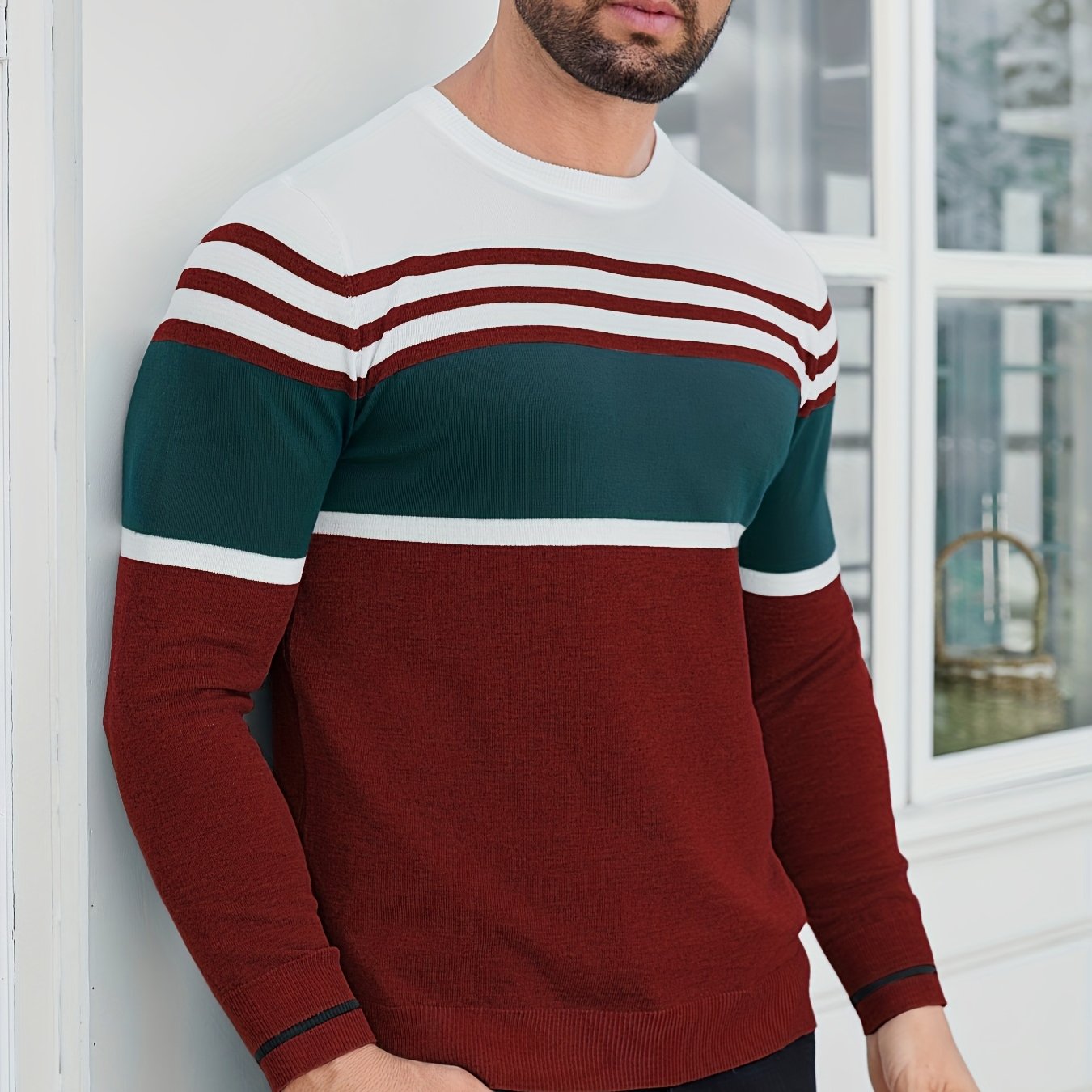 Men's Casual Comfort Knit Sweater, New Spring/Autumn Round Neck Base Layer Three-Stripe Contrast Color Pullover