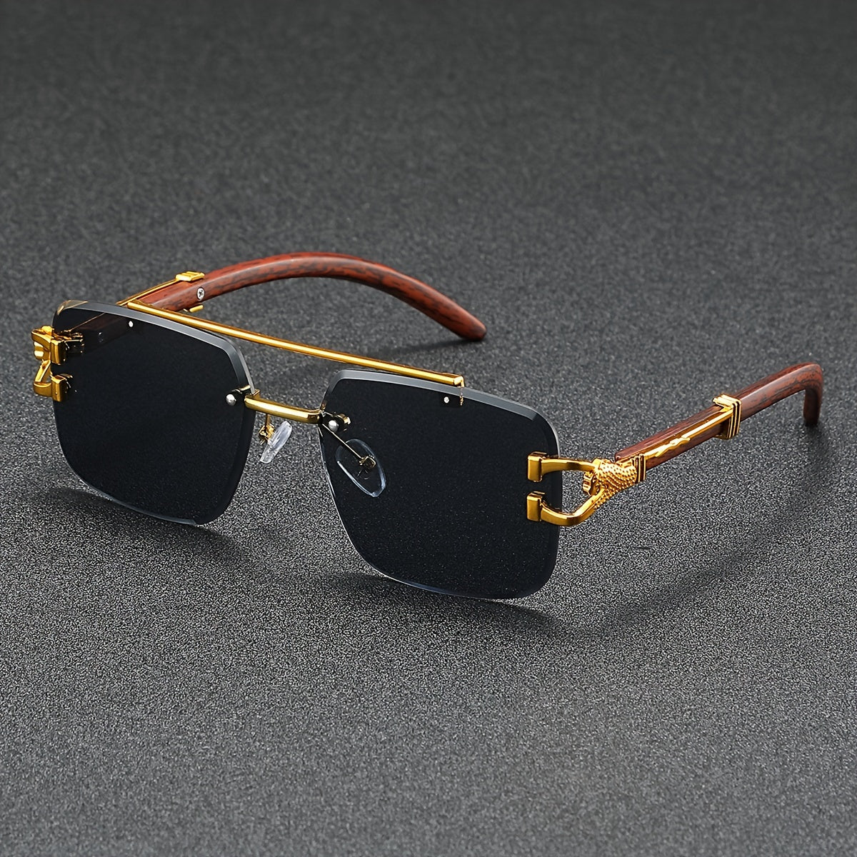 A Pair of Frameless, Beveled-Edge, Square Double-Beam Glasses, New Trendy Leopard-Print Fashion, Faux Wood Grain, Versatile for Men And Women, for Taking Photos.