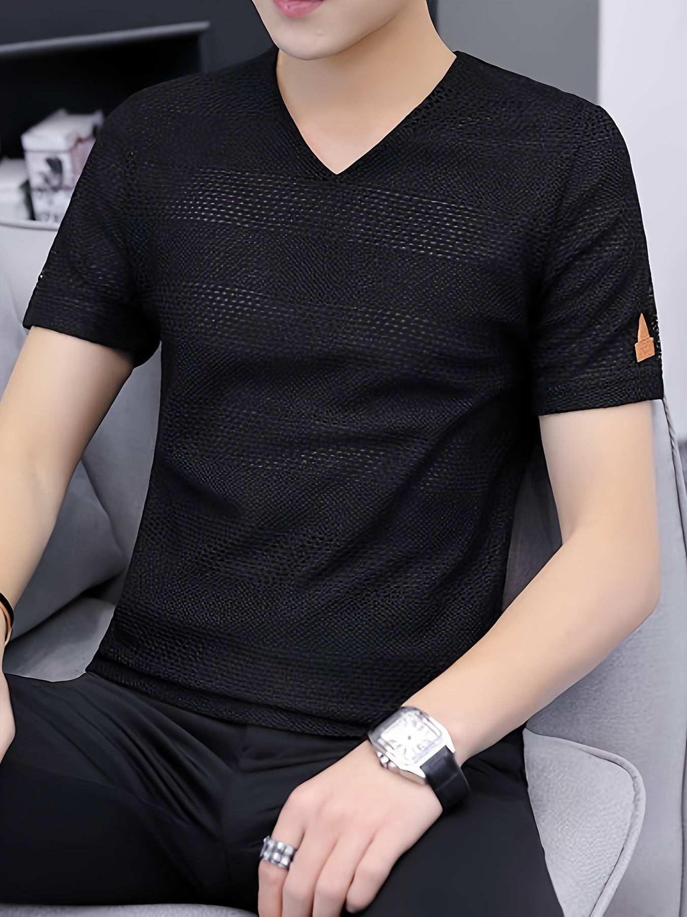 Men's Short-Sleeve T-Shirt Summer Hollow-Out Cool High-End Half Sleeve Breathable Non-See-Through