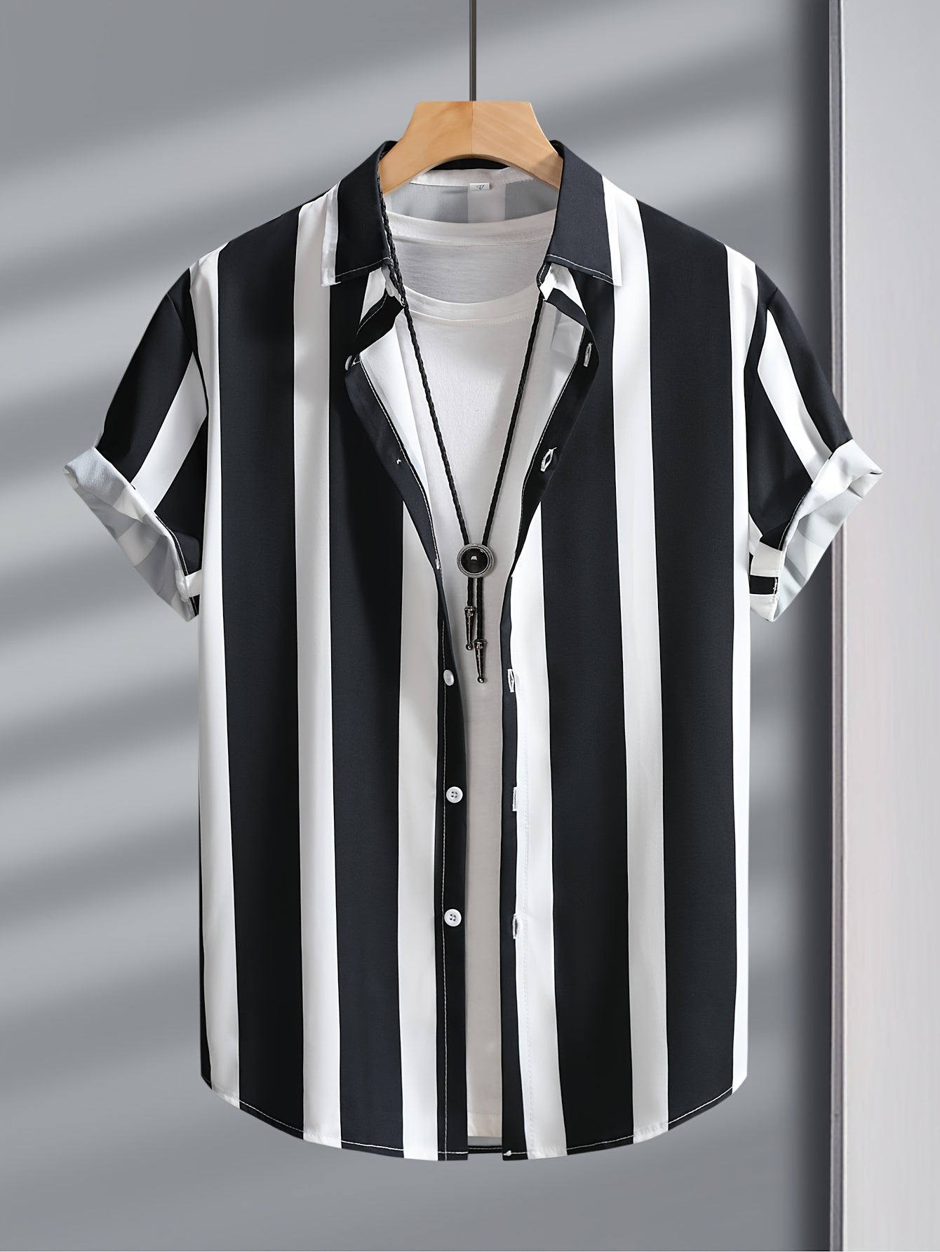 Men's Outfit, Casual Striped Lapel Short Sleeve Button Up Shirt & Drawstring Pants 2-piece Set For Outdoor Activities