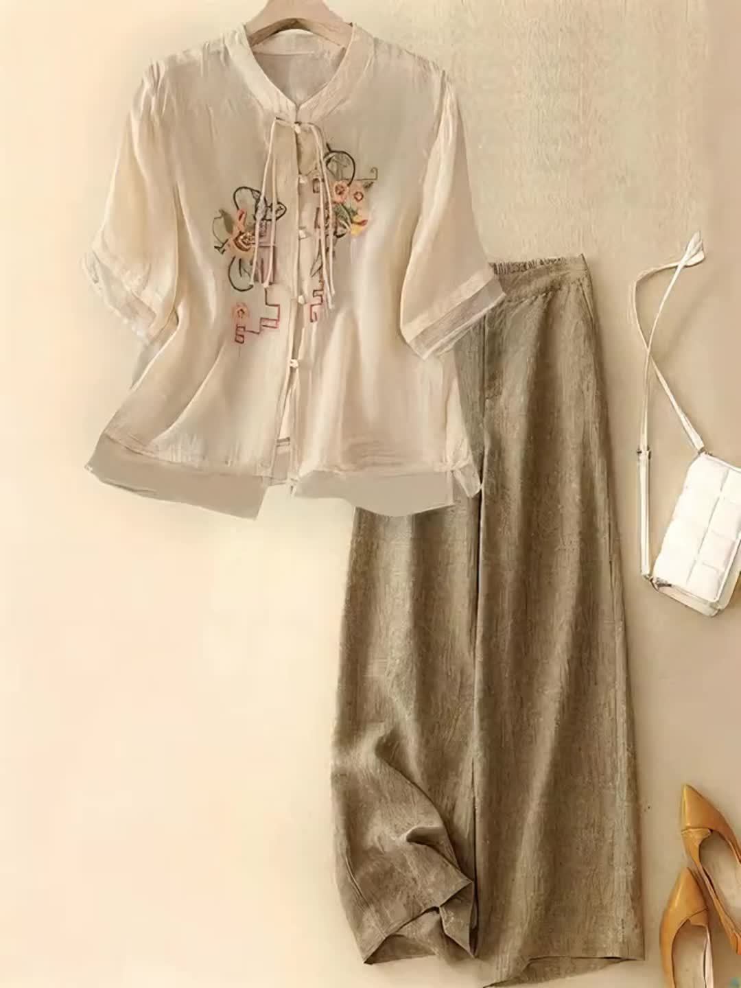 New Season Women'S High-End Shirt with Chinese Style Prints And Solid Color Long Pants Two-Piece Set.