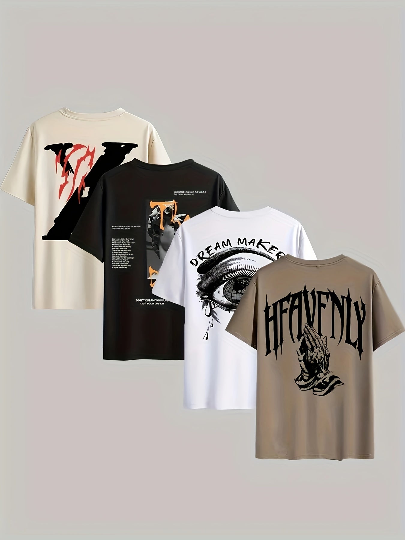 4pcs Men's Casual 3D Graphic T-Shirts - Bold Letter Abstract Print Short Sleeve Tees, Regular Fit Round Neck, Machine Washable, All-Season Comfort, 4 Color Options, T Shirts Graphic, Edgy Streetwear, Nontransparent Fabric