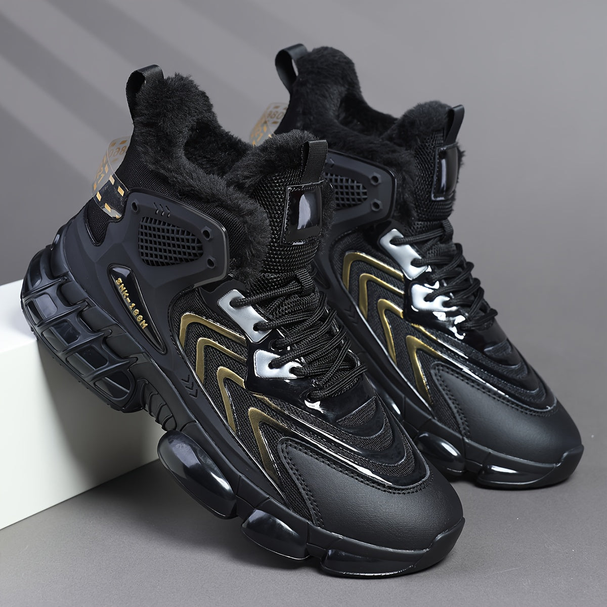 Men's Winter Warm High-Top Sneakers - Thermal Insulated PU/Fabric Upper, Golden-Tone Buckle & Strap Closure, Cushioned TPU Sole, Black/White/Golden Sneakers for Casual, Running, Everyday Winter Wear - All-Terrain Traction, Du