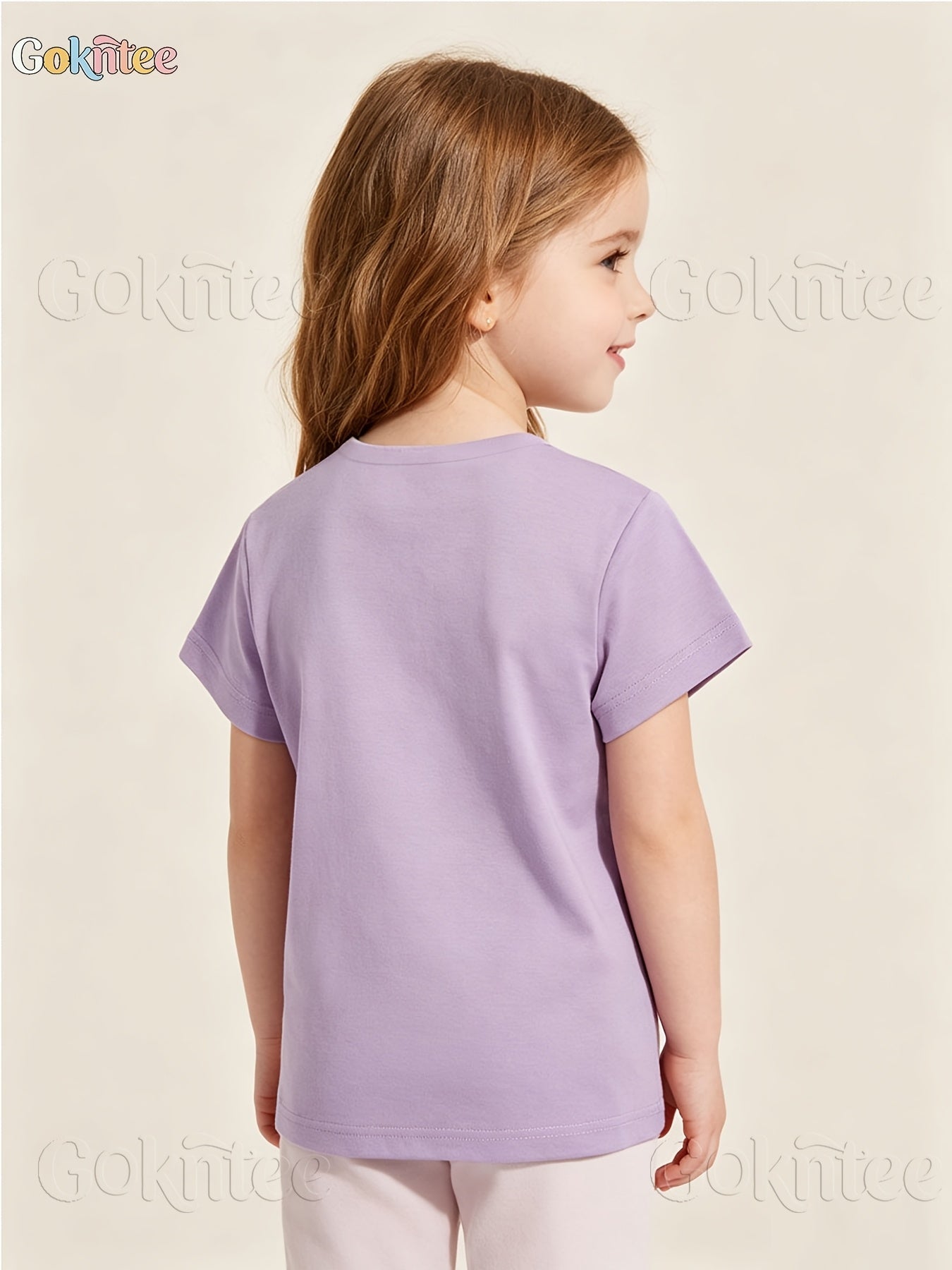Girls' Personalized Cartoon T-Shirt with Pink Bow, Crew Neck
