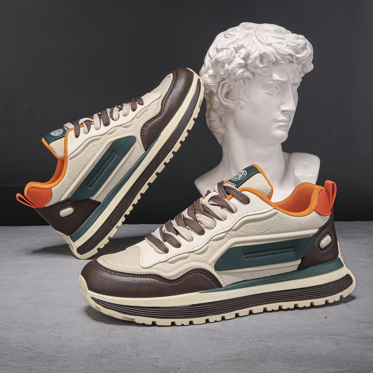 Men'S Breathable Lace-Up Sneakers - Color Block Design, Thick Sole, Casual Athletic Shoes for Casual Attire, Low-Top Style, Lace-Up Closure, PVC Sole, Fabric Inner, Round Toe, Faux Upper, Available in Black, Gray, Blue, Green
