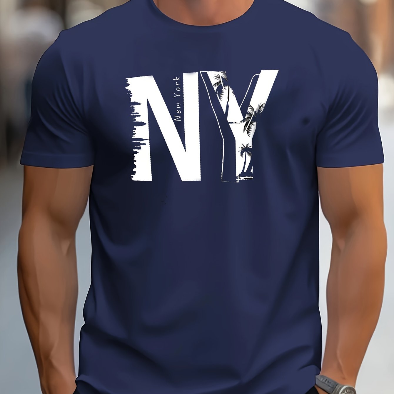 1pc Men'S Casual Cotton Blend T-Shirt with Letter Print, Round Neck, Regular Fit for Summer - Black, Navy, Red
