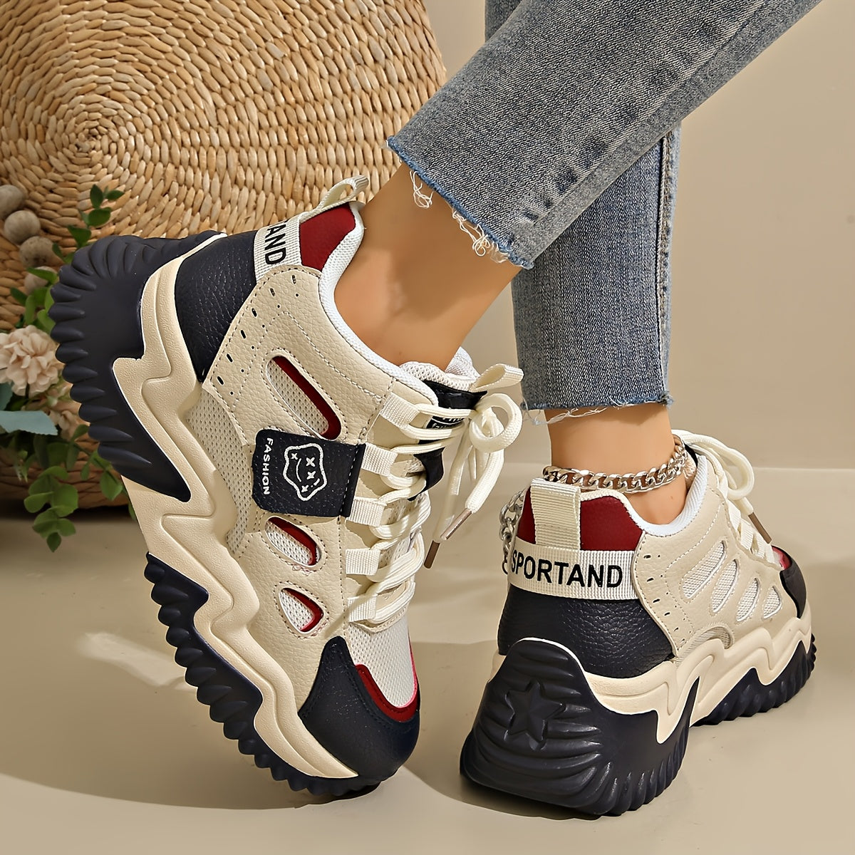 1 Pair Women'S Mid-Top Casual Sneakers, Fashion Mesh Design, Lace-Up Closure, Fabric Upper Lining, Faux Sole, Textile Insole - Spring Season Footwear