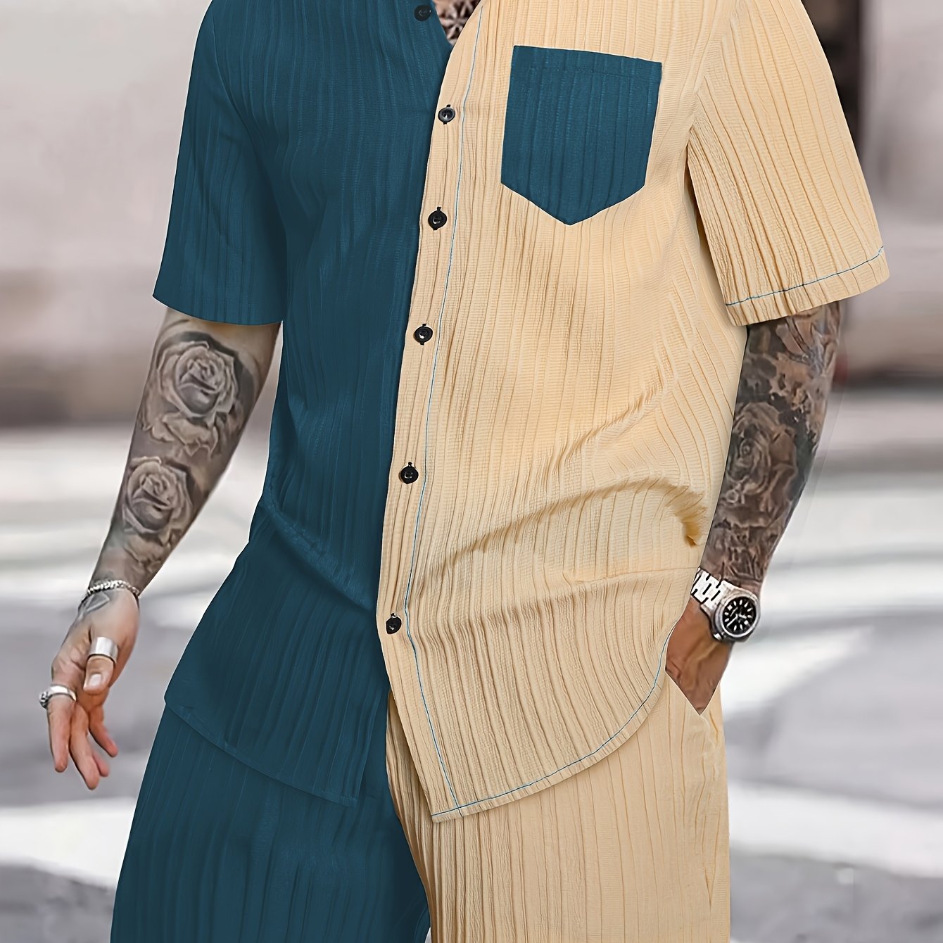 Men'S Casual Summer Polyester Shirt and Shorts Set, Regular Fit, Color Block, Lapel Collar, Slight Stretch Fabric, Lash Sets, Active Wear