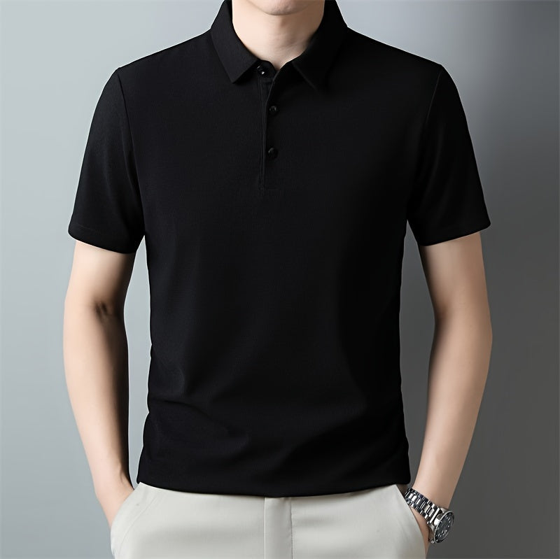Men's Solid Short Sleeve And Lapel Collar Henley Shirt, Casual And Comfy Sports Tops For Summer Golf Wear And Outdoors Activities