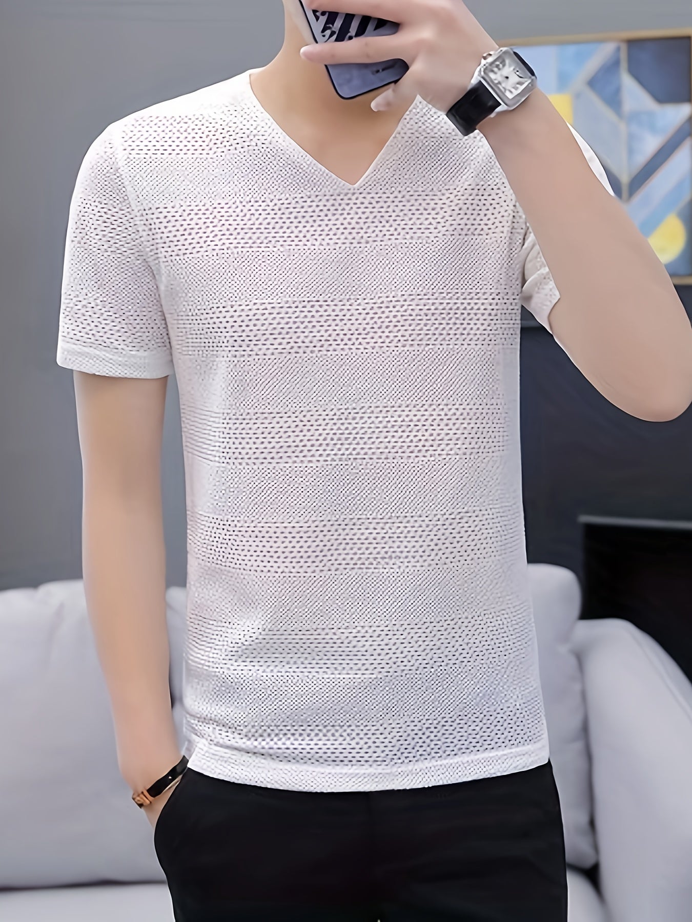Men's Short-Sleeve T-Shirt Summer Hollow-Out Cool High-End Half Sleeve Breathable Non-See-Through