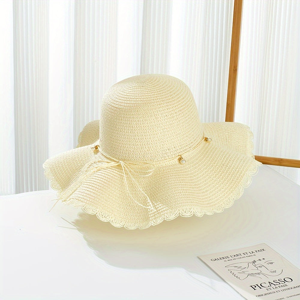 Women's Wide Brim Straw Sun Hat with Accents & Adjustable Ribbon - Protection Lace Trim Beach Wedding Casual Outdoor Hat for All Seasons
