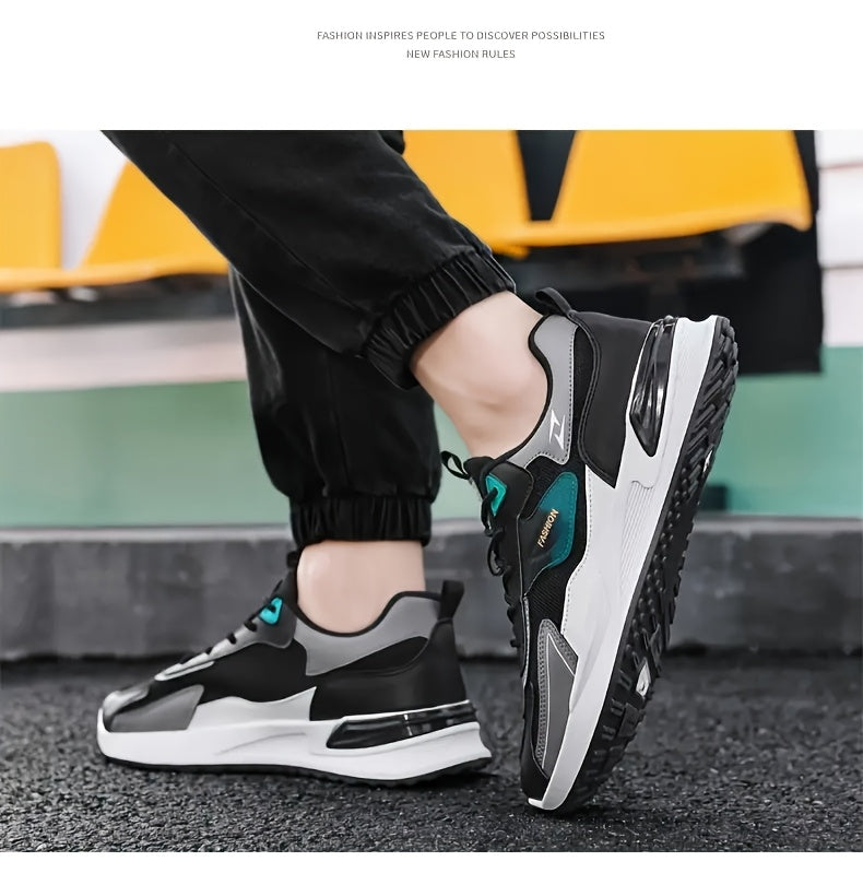 Men'S Breathable Running Sneakers with Gradient Design - Low-Top Lace-Up Casual Shoes, Durable PVC Sole, EVA Insole, Fashionable Black White Patterns, Ideal for All Seasons Outdoor Activities