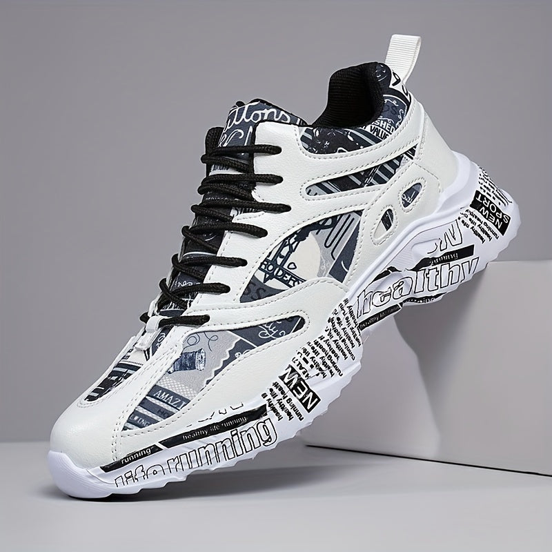 Men'S Women'S Graffiti Couple Sneakers, All-Season Lightweight Cushioned Running Shoes, Stability Pronation, Cartoon Pattern, MD Sole, EVA Insole, Polyurethane Upper, Fabric Lining