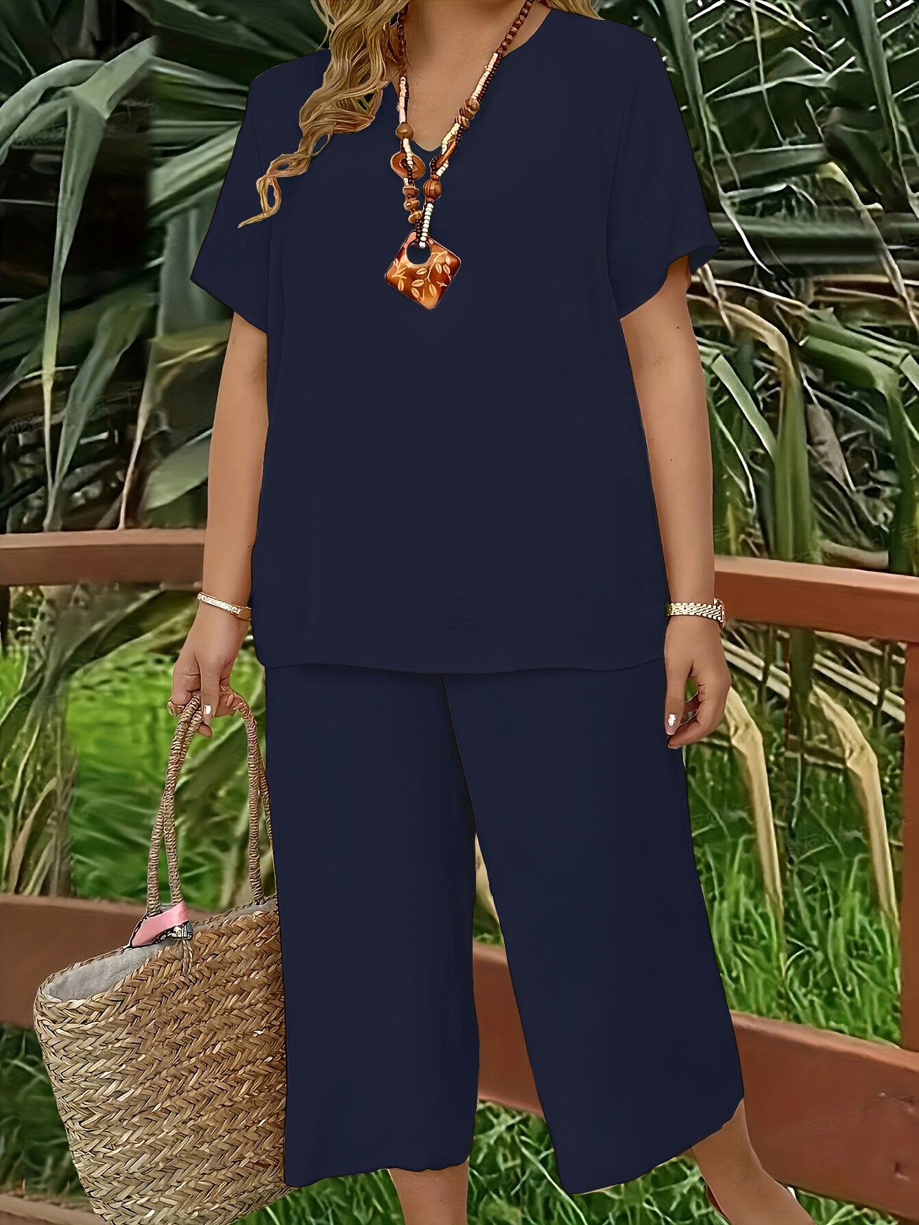 Women's Plus Size Suit, Elegant Solid Color Short Sleeve Top and Wide Leg Pants