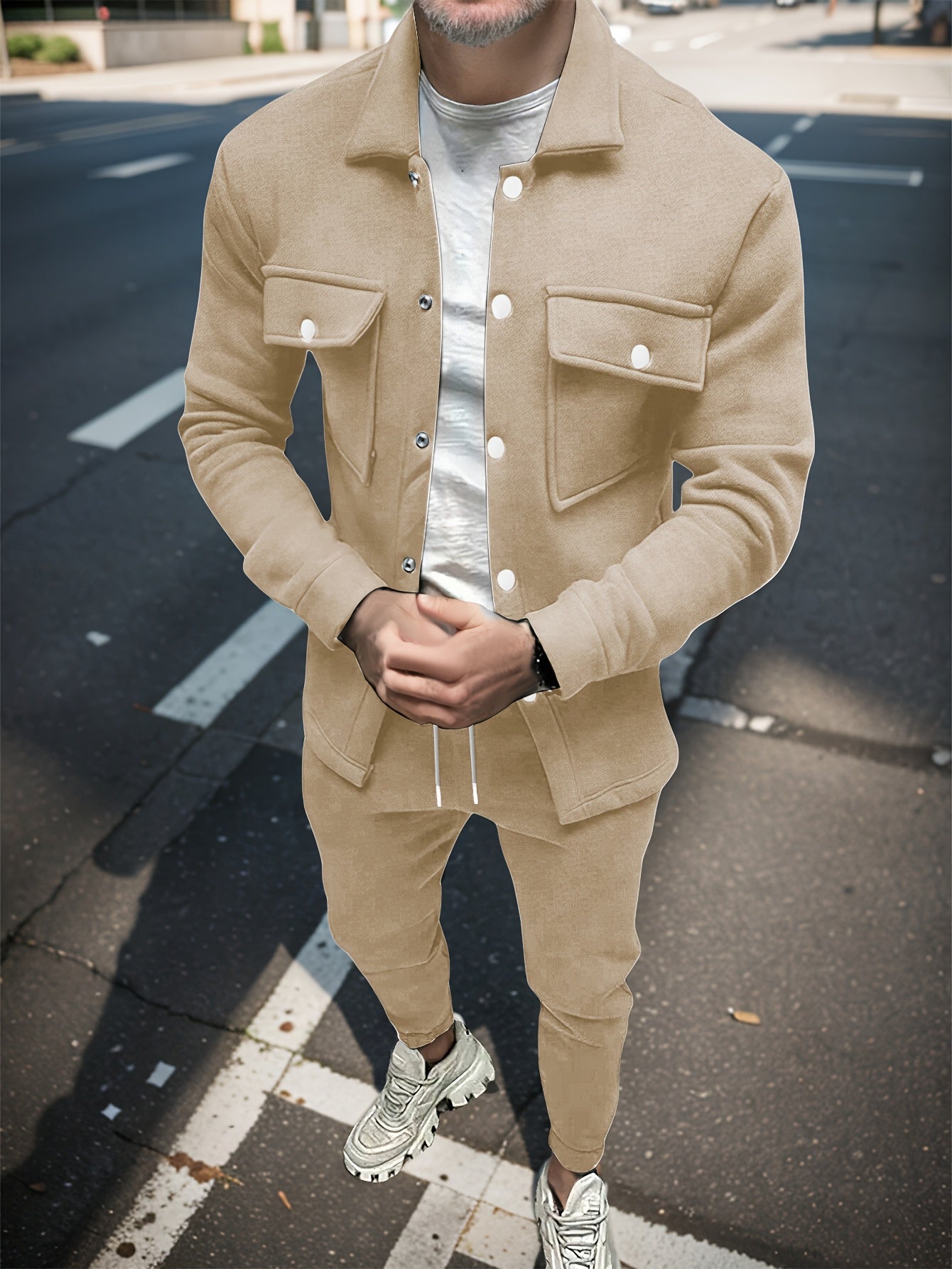 1set Men'S Casual Solid Color Polyester Outfit - Long Sleeve Button-Down Lapel Collar Jacket with Pockets and Drawstring Long Pants Set for Fall/Winter