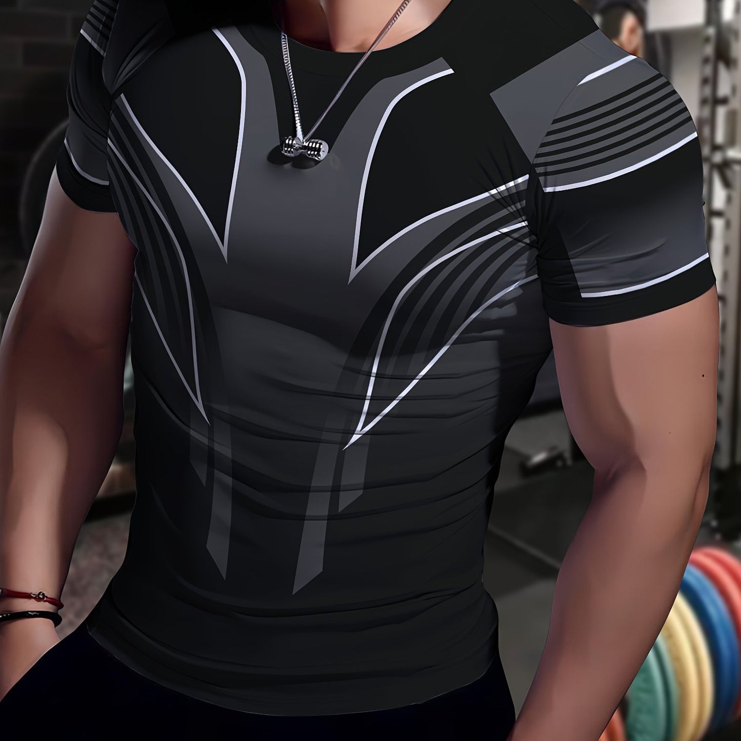 Men'S Slim Fit Breathable T-Shirt with Intricate Black White Geometric Print - Moisture-Wicking Polyester-Spandex Blend, Machine Washable, Round Neck Short Sleeve for Summer Casual Wear, Gym, Hiking Outdoor Activities