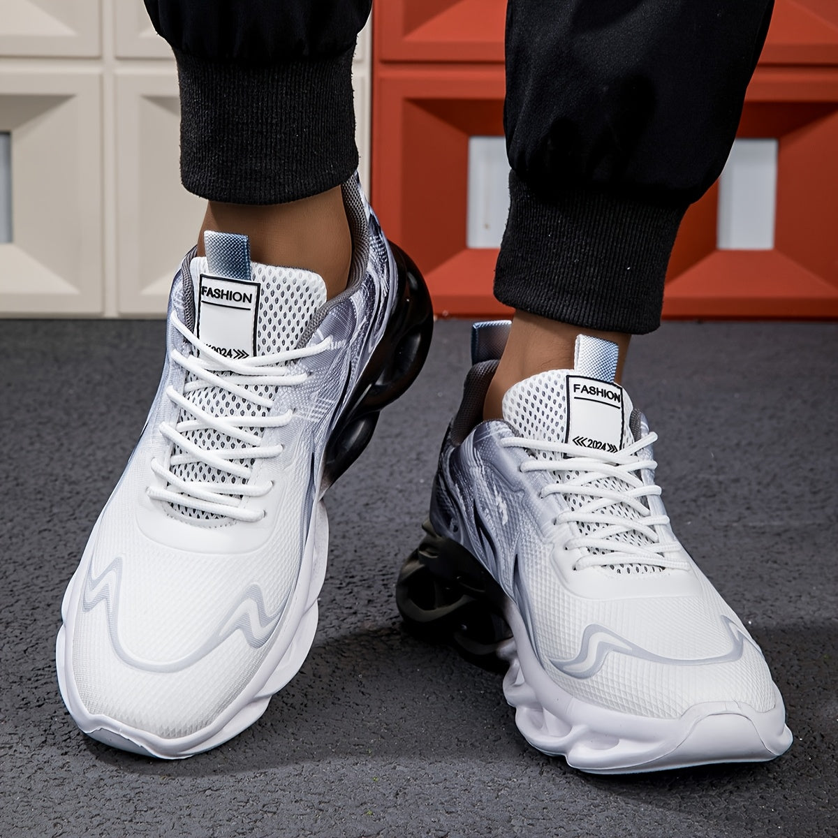 Men's Breathable Athletic Sneakers - Non-Slip, Stylish Black White Gradient Geometric Design, Comfortable Casual Shoes with Elastic Sole for Casual Attire
