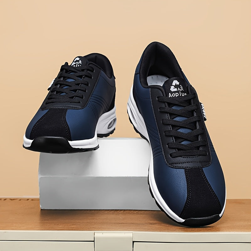 AOPLUS Men's Low-Top Sneakers - Navy Blue Black Sneakers, PU Upper Cushioned Rubber Sole for Gym, Training, Everyday - All-Season Lace-Up Shoes for Men, Gym Training Footwear, Sleek Sporty Design, Fabric Lined Interior