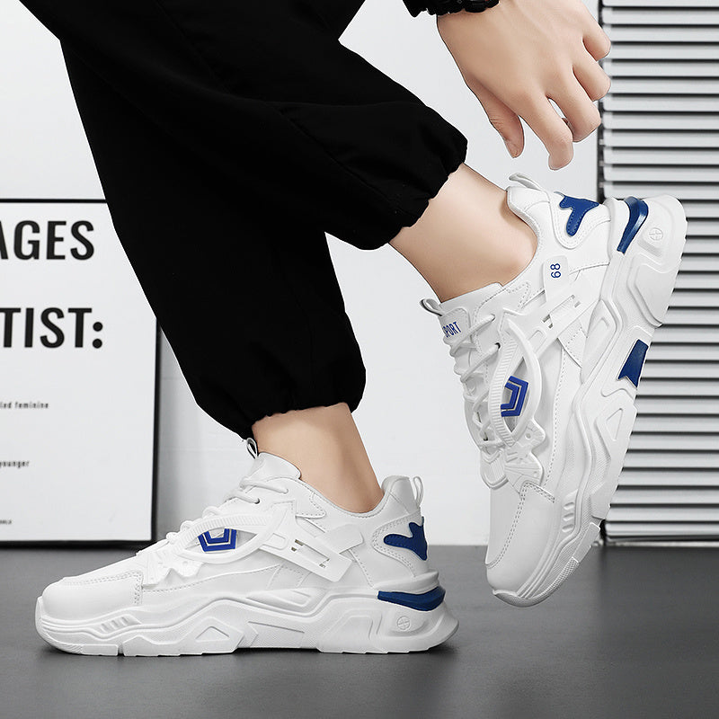 Men's White Blue Geometric Accent Casual Sneakers - Low-Top Lace-Up Breathable PU Upper, Cushioned EVA Insole Durable Rubber Sole for All-Season Casual Attire, Shoes Sneakers, Allseason Footwear, Sleek Shoe Design, Fabric