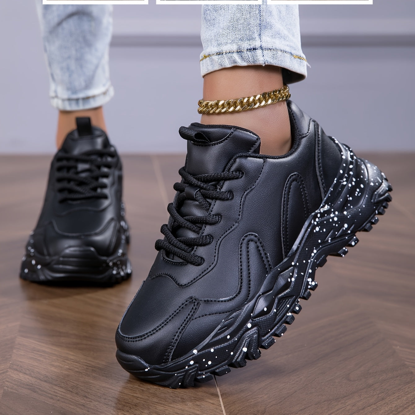 Women's Black Chunky Sneakers - Anti-Slip, Durable Casual Dad Shoes with Glossy Finish Star Pattern, Lace-Up Low Tops for All Seasons, Allseason Sneakers Chunky Sole Sneakers Comfortable Fabric Lining