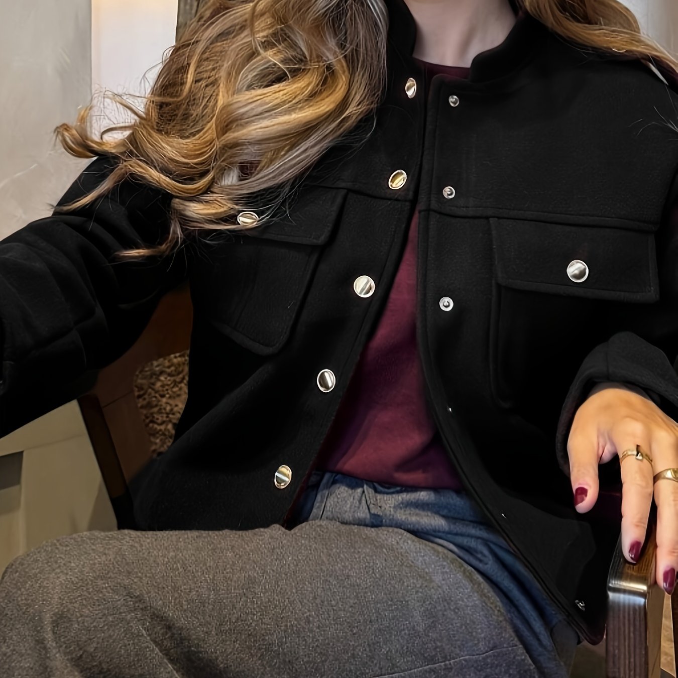 Women's Burgundy Red Jacket with Golden-Tone Button Closure - Structured Collar & Tailored Fit Casual Coat for Fall, Office, Semi-Formal Events - Machine Washable Outerwear (No Stretch)