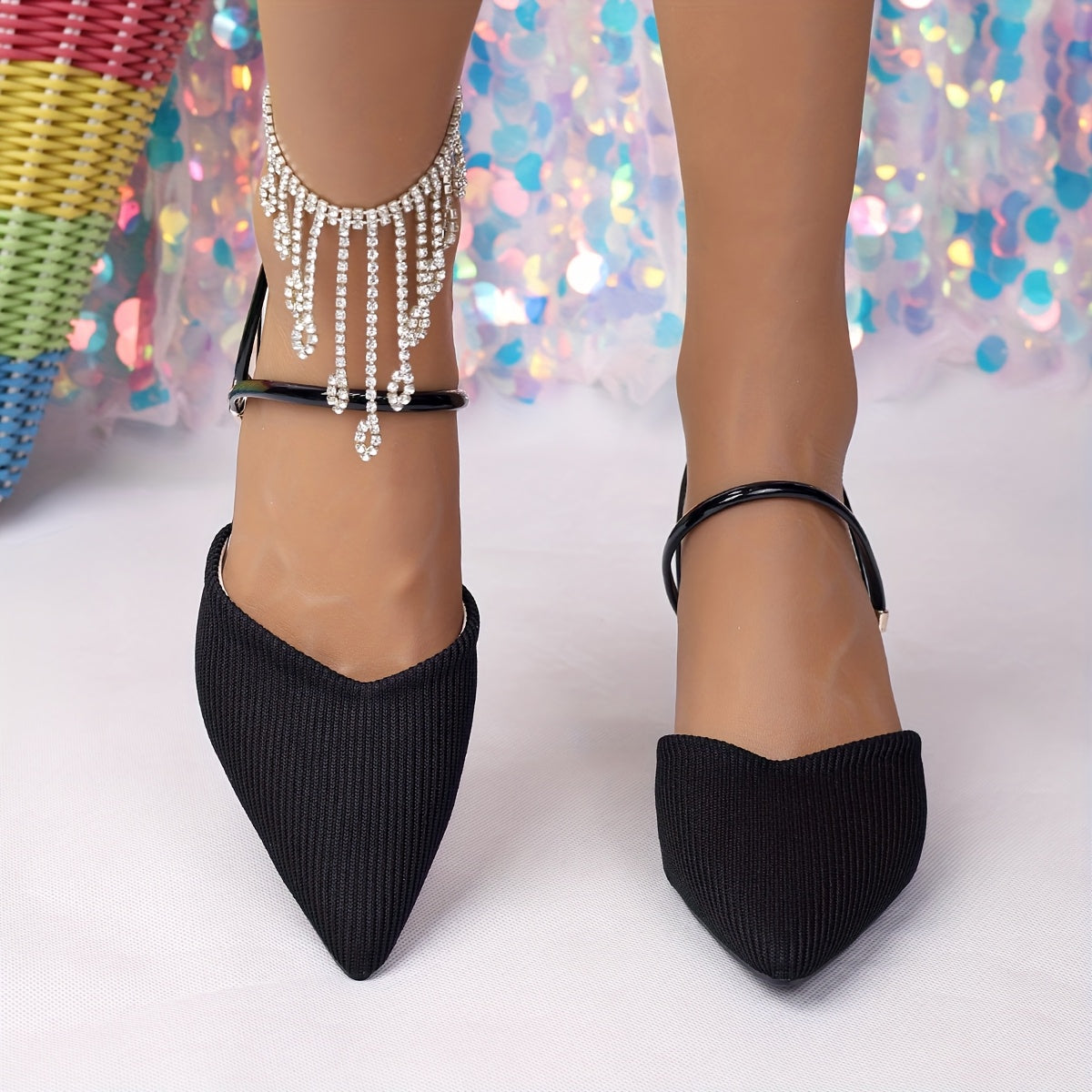 Women'S Elegant Black Pointed-Toe High Heel Sandals with Adjustable Ankle Strap - Slip-On Flared Block Heel, Synthetic Fabric Upper Rubber Sole, Versatile for Casual or Formal Occasions, Durable Fashionable Party Shoes, Hig