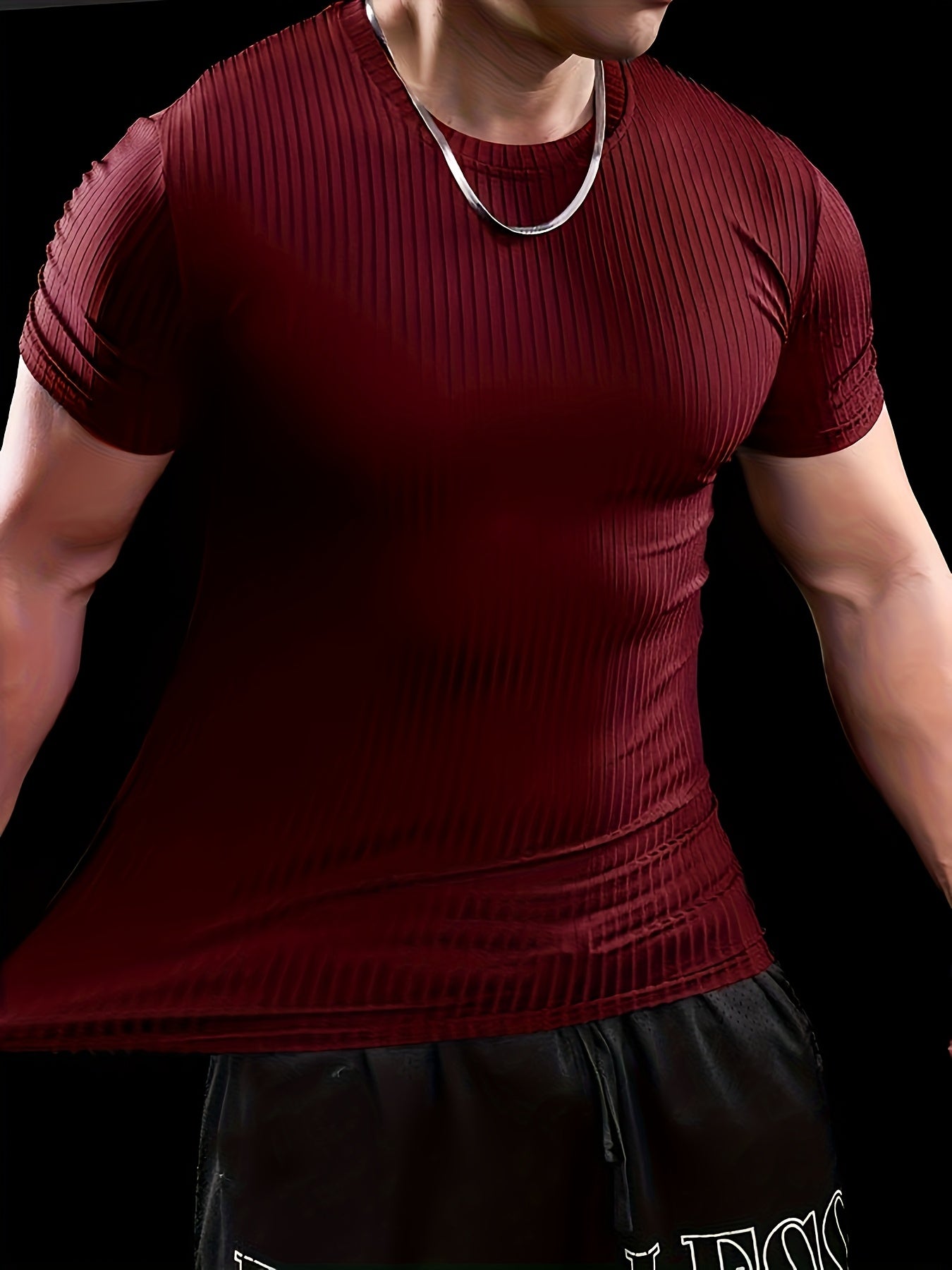 Men's Slim Fit Ribbed Short Sleeve T-Shirt - Stretchy Athletic Casual Wear, Green, Round Neck, Machine Washable, Muscle-Enhancing Design, Gym Shirts