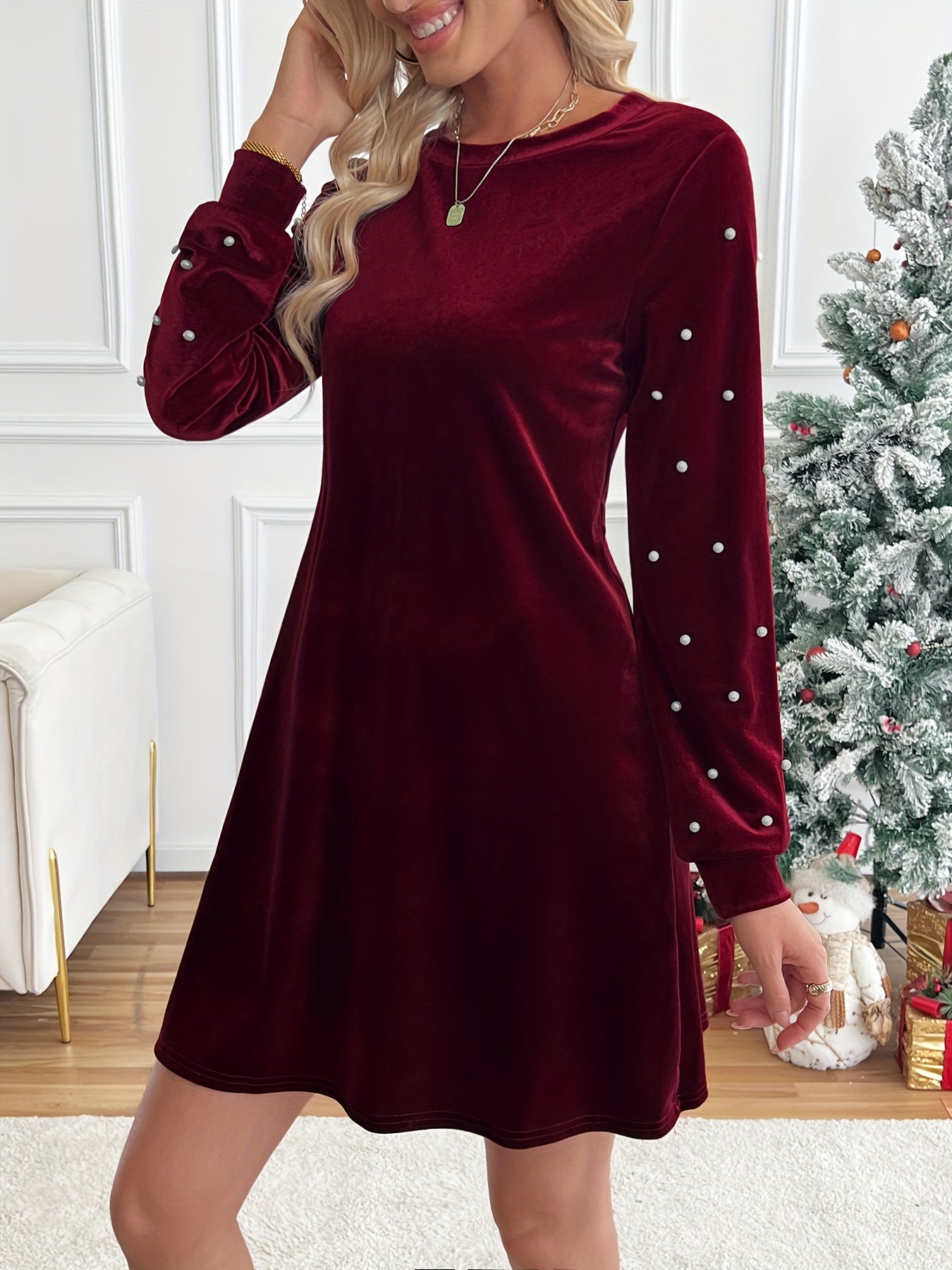 2025 Spring New Women's Elegant Pearl Beaded Lantern Sleeve Dress