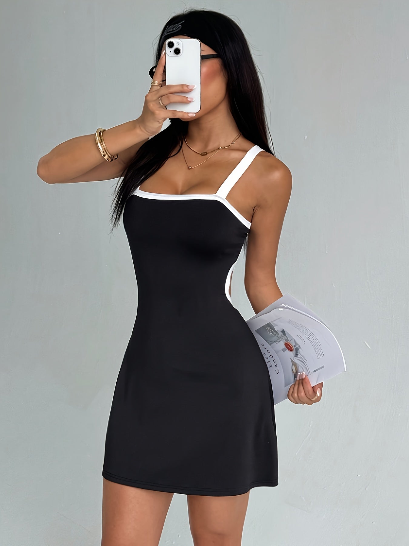 Women's Color-Blocked Y2K Tank Slip Dress with Spaghetti Straps