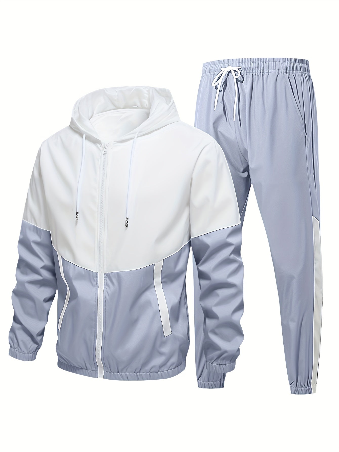 2pcs Men'S Casual Sportswear Set - Color Block Hooded Jacket and Pants, Polyester, Machine Washable, All-Season, with Pockets, Regular Fit, Spring Sportswear|Hooded Sportswear|Machine Washable Fabric